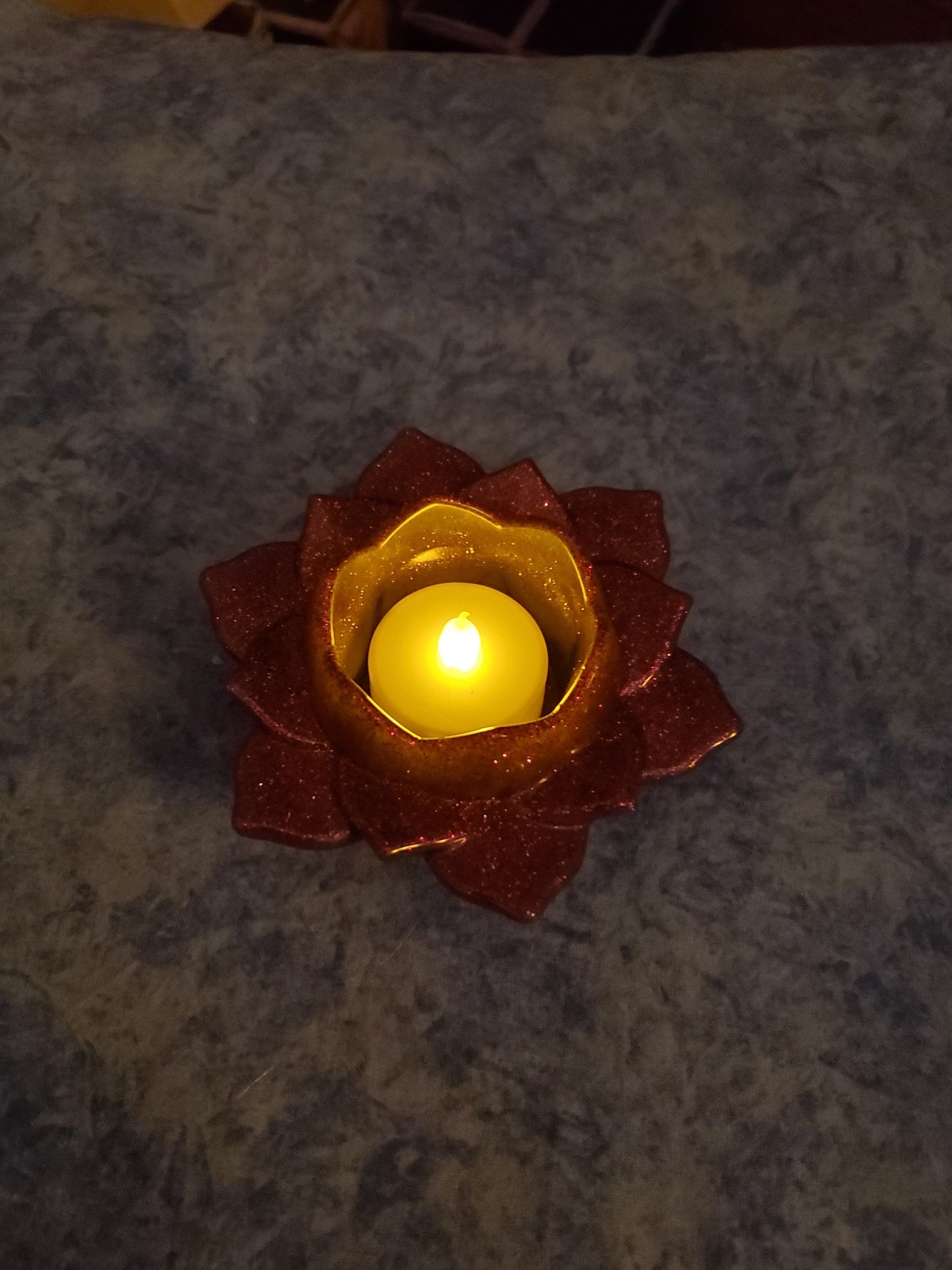 Resin lotus flower tea light candle holder. Resin art. Resin made. Resin decor. Glittery purple pattern!