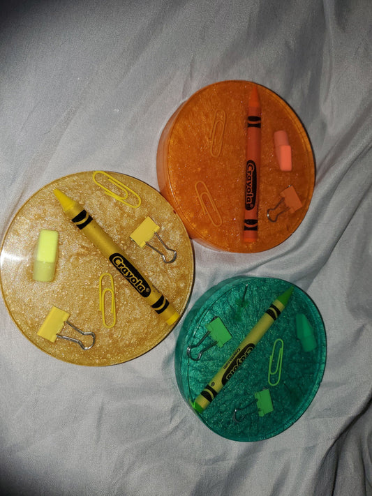 Trio of Teacher Coasters - green, orange and yellow.