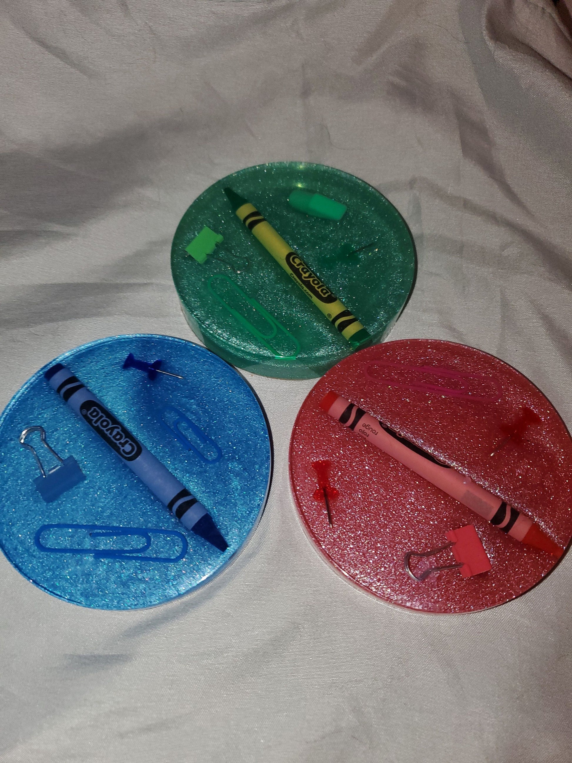 Trio of Teacher Coasters - red, blue and green.